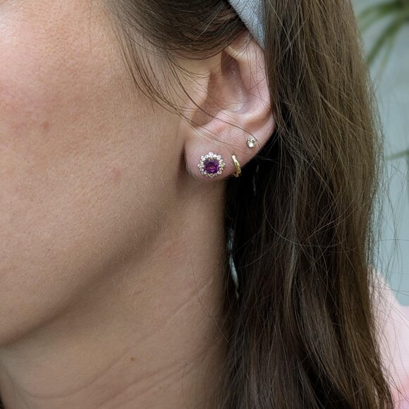 Rhodolite Garnet Stud Earrings in 14K Solid Gold with Natural Diamond Halo - Picture 3 of 8